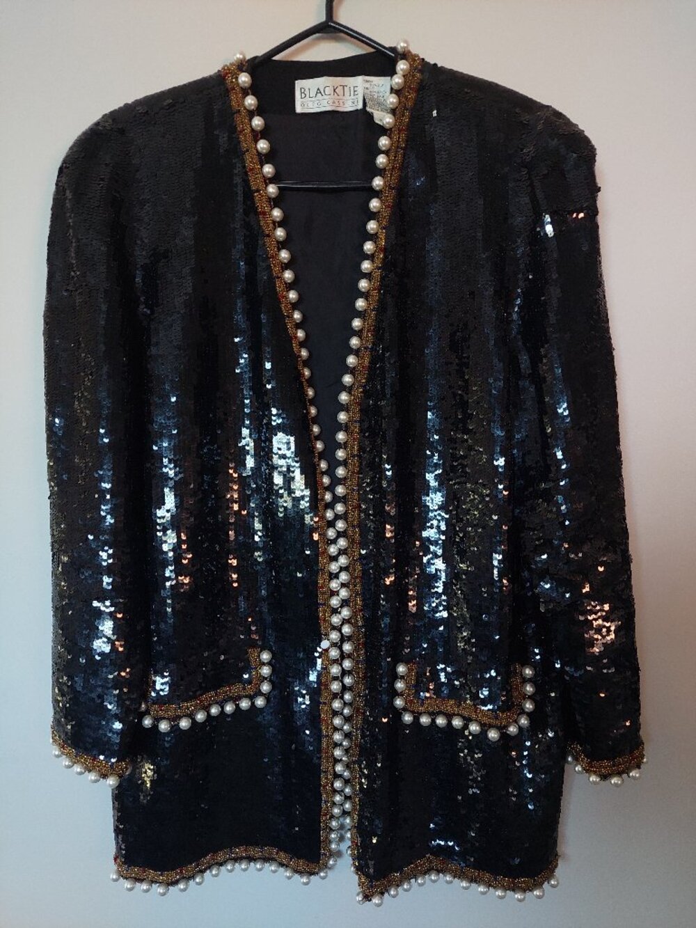 Vintage Oleg Cassini Black Tie Beaded Sequin Jacket Size M 100% Silk